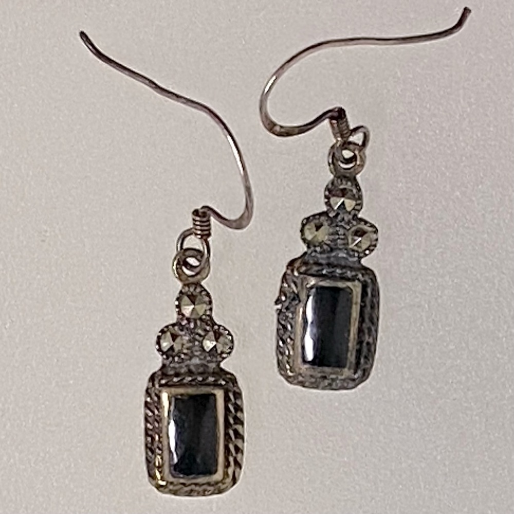 STERLING Back Onyx Marcasite Earrings Vintage Charles Winston 1990s